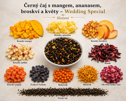 Složení černého čaje s mangem, ananasem, broskví a květy – Wedding Special