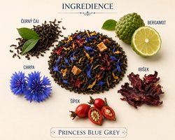 Černý čaj, bergamot, chrpa, ibišek a šípek – Princess Blue Grey