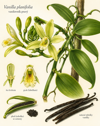 Botanická ilustrace vanilovníku (Vanilla planifolia)