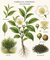 Botanická ilustrace čajovníku (Camellia sinensis)