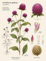 Botanická ilustrace amaranthu (Gomphrena globosa)