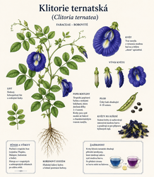 Botanická ilustrace klitorie ternatské (Clitoria ternatea).