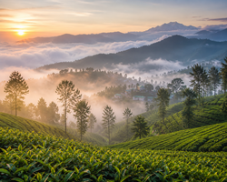 Čajové plantáže Darjeelingu v ranní mlze.