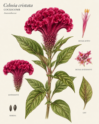 Botanická ilustrace cockscombu (Celosia cristata).