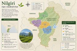 Mapa čajových plantáží Nilgiri v jižní Indii