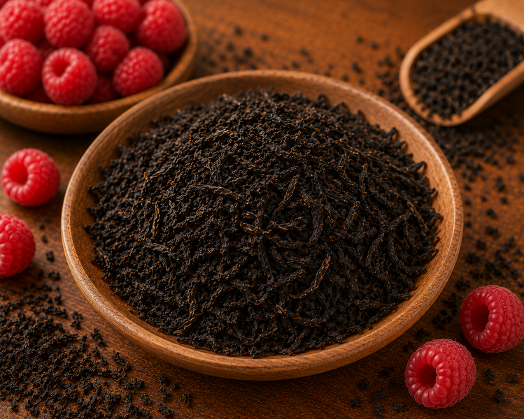 Detail sypaného černého čaje Premier's Raspberry