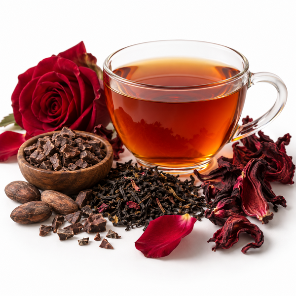 Nálev černého čaje s kakaem, růží a ibiškem – AZ-TEAS Valentine Kiss