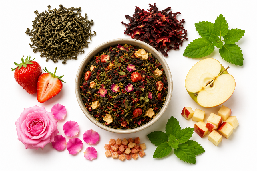 Ingredience čaje Karma Kettle Istanbul – zelený čaj, ibišek, jablko, jahody, meduňka a růžové okvětní lístky