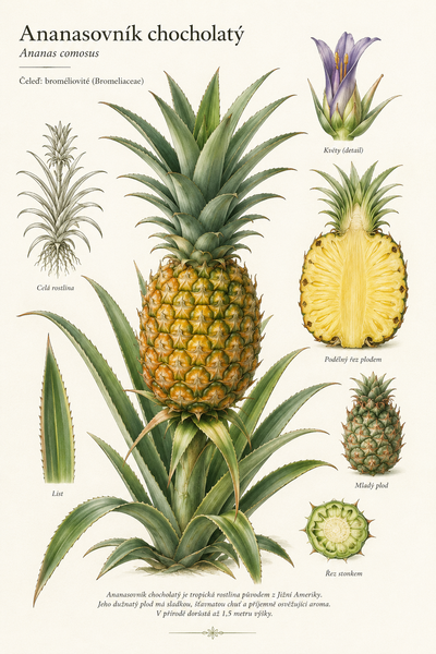 Botanická ilustrace ananasovníku chocholatého (Ananas comosus)