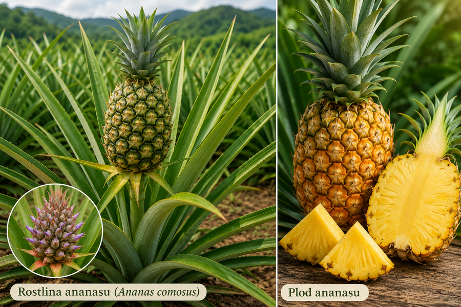 Rostlina a plody ananasovníku (Ananas comosus)