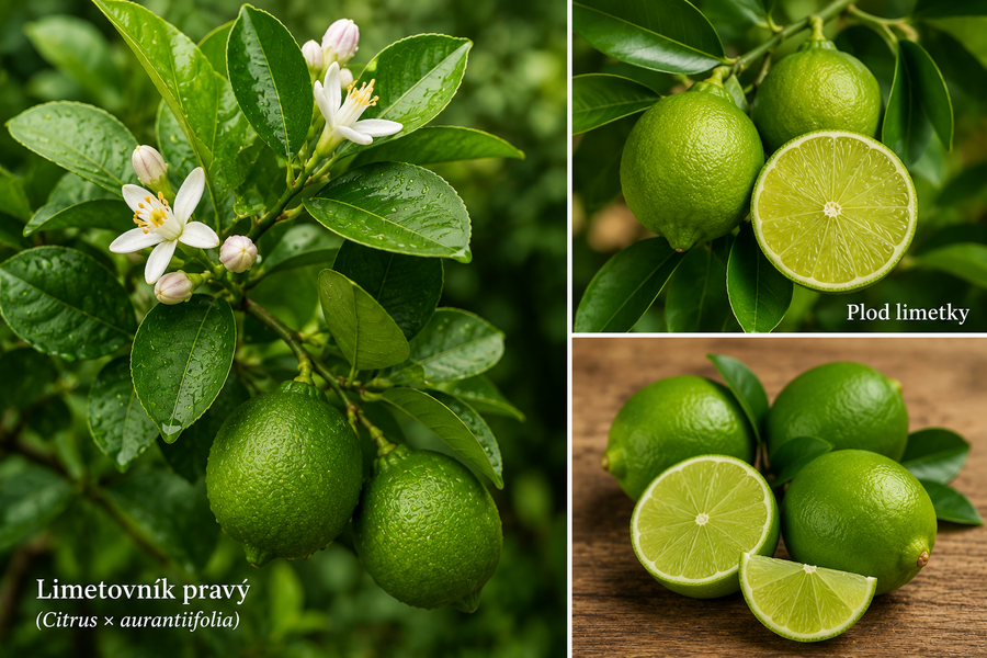 Limetovník pravý (Citrus × aurantiifolia) s plody a květy