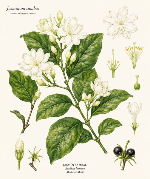Botanická ilustrace jasmínu (Jasminum sambac)