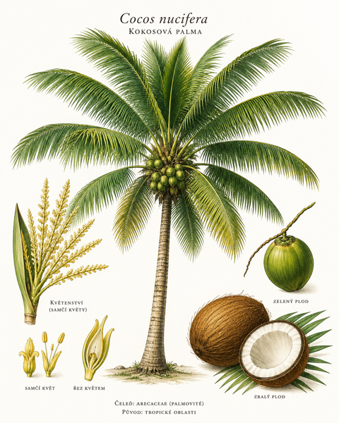 Botanická ilustrace kokosové palmy (Cocos nucifera)
