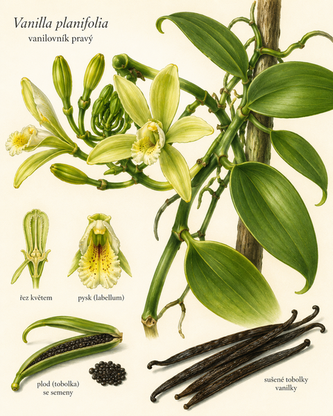 Botanická ilustrace vanilovníku (Vanilla planifolia)