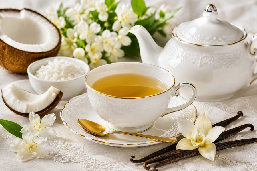 Elegantní servírování čaje s kokosem, vanilkou a bílým porcelánem