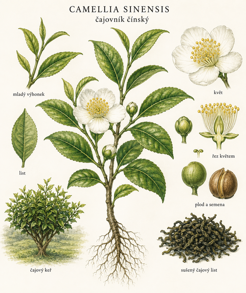 Botanická ilustrace čajovníku (Camellia sinensis).