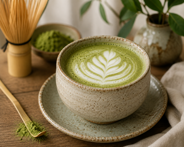 Matcha Latte v keramickém šálku.