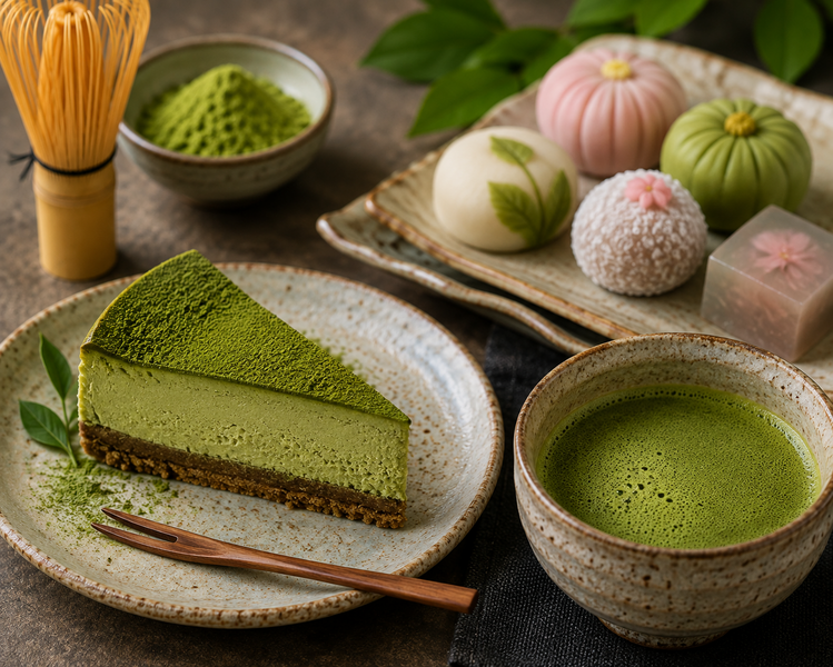 Matcha cheesecake nebo tradiční japonské sladkosti wagashi podávané s Matchou