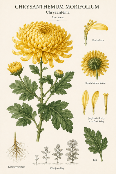 Botanická ilustrace chryzantémy (Chrysanthemum morifolium)