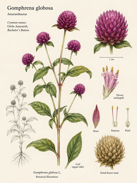 Botanická ilustrace amaranthu (Gomphrena globosa)