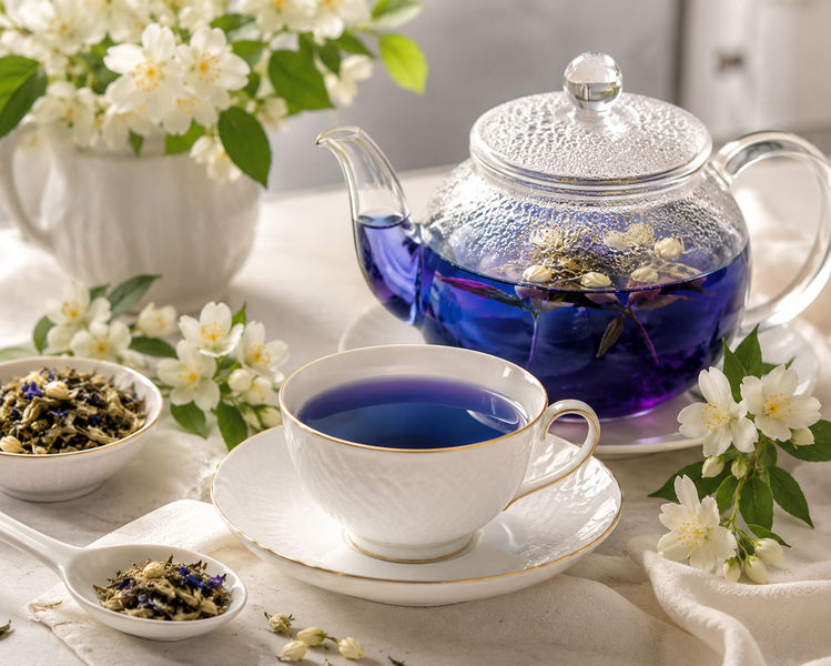 Elegantní servírování v bílém porcelánu se skleněnou konvičkou a čerstvými květy jasmínu.