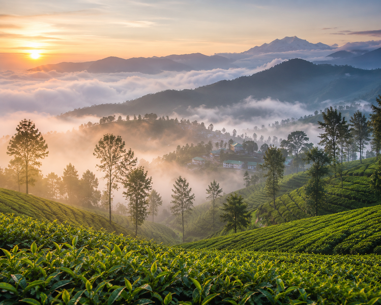 Čajové plantáže Darjeelingu v ranní mlze.