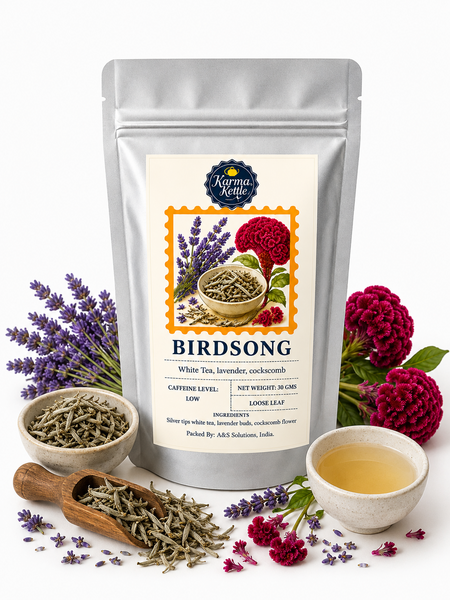 Karma Kettle Birdsong – Bílý čaj Silver Tips s levandulí a květy cockscombu 30 g