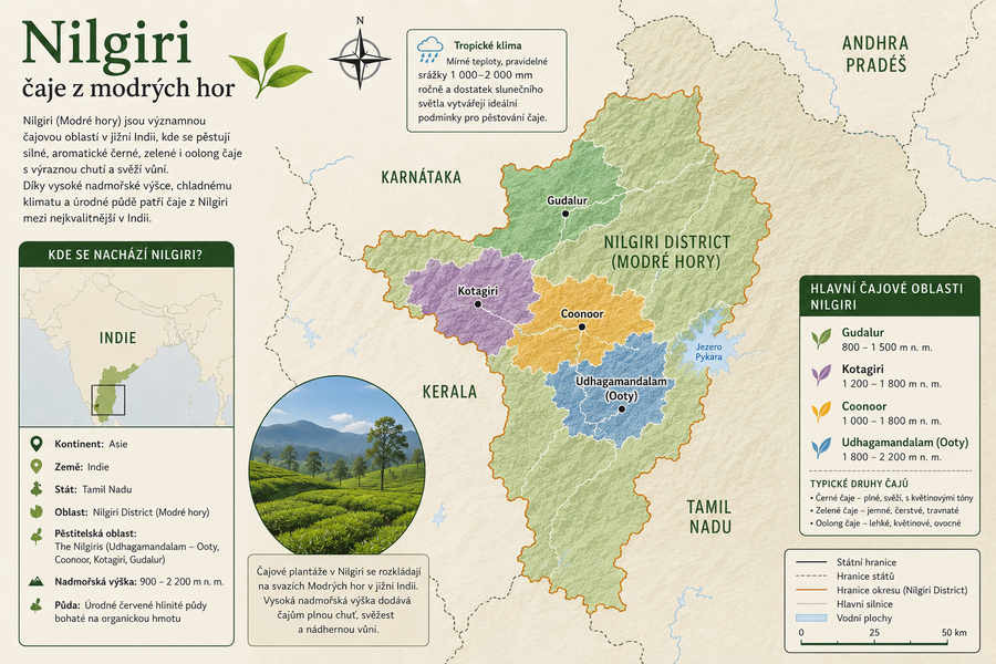 Mapa čajových plantáží Nilgiri v jižní Indii